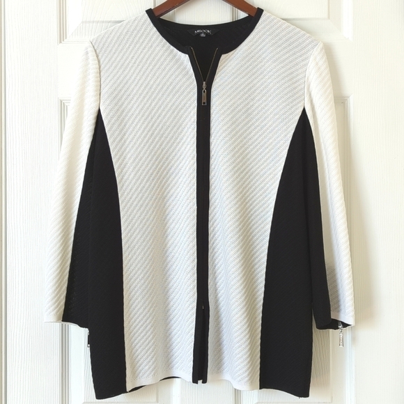 Misook Lightweight Three Quarter Sleeve Full Zip Colorblock Jacket White Black M - Picture 1 of 12